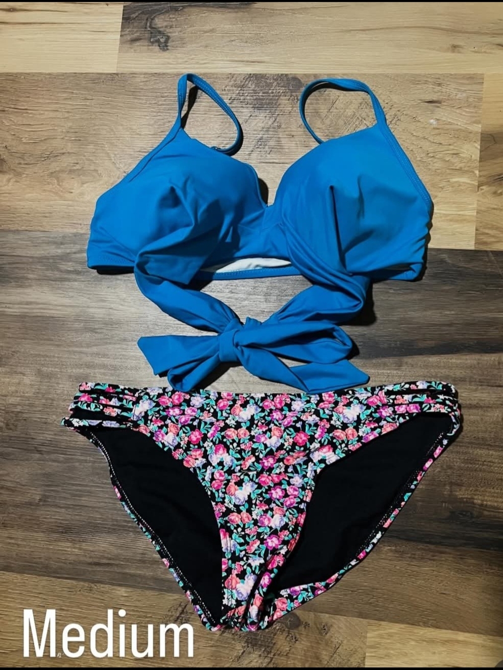 Blue Twist Front Bikini Top with Floral Bikini Bottoms